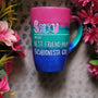 A gradient colored mug (from top fushia then green then blue) with the name sally wirten and then a white line underneath it and then the words Noun in brackets and below it "Best friend, Mum, fashionista Girl"