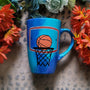 A Blue Hand painted mug with a drawing of a basketball in the net