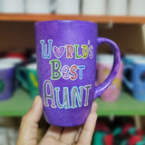 A Purple galaxy hand painted mug with the words 