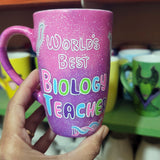 A Pink Galaxy hand painted mug with the words 