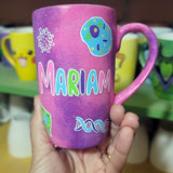 A Pink Galaxy hand painted mug with the name 