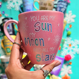 A Shimmery Pink Hand painted mug with the sentence 