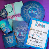 A Gift Set of a mug, notebook, Coaster, MDf plate, wood Frame, tree Necklace and Card both hand painted in blue galaxy color and have the sentence 