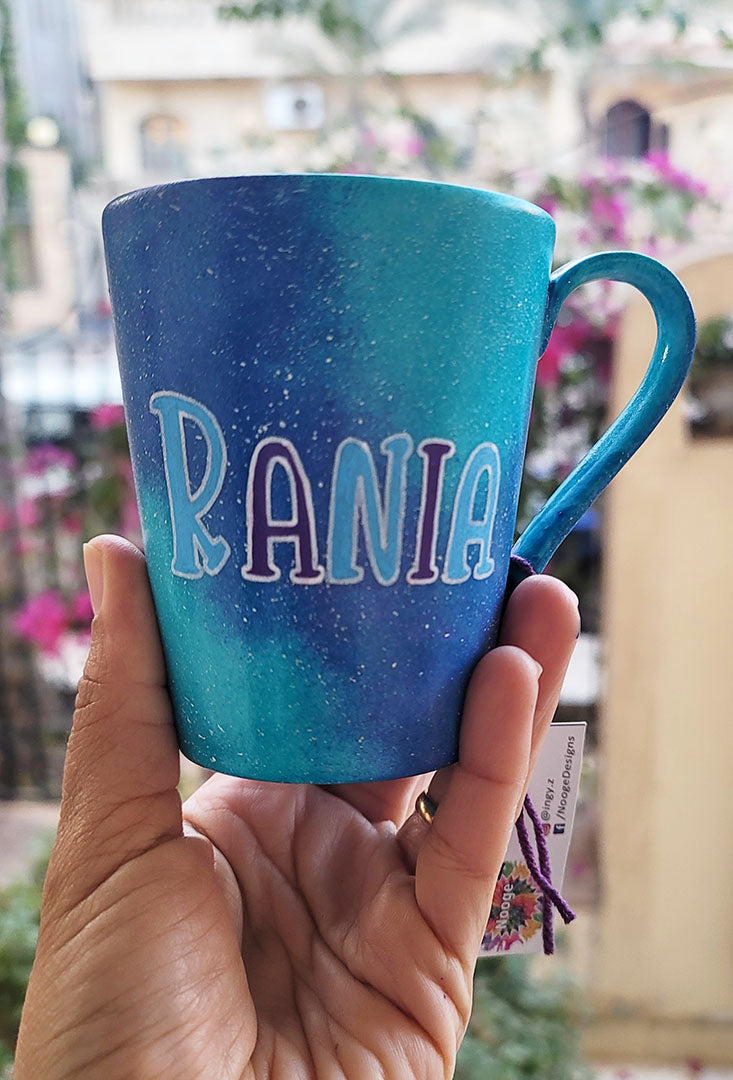  Blue Galaxy hand painted mug with the name "Rania"