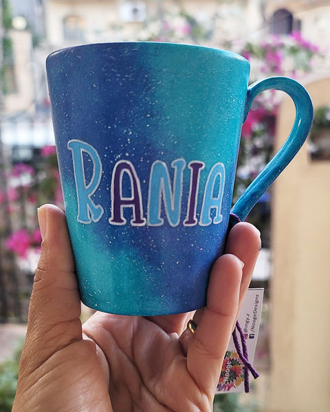  Blue Galaxy hand painted mug with the name "Rania"