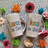 2 hand-painted taupe mugs, one with the words 