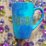 A Blue hand painted mug with the name rawda