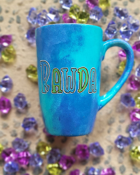 A Blue hand painted mug with the name rawda