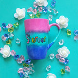 A Gradient hand painted mug (Pink Green and ultramarine) with the Name 