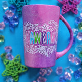 A pink galaxy hand painted mug with the name 