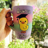 A gradient Hand painted mug (lilac=pink-mint-lilac) with the word 