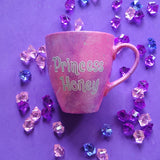 A Pink galaxy Hand painted mug with the words 