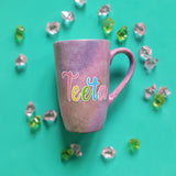 A Pink Pastel Galaxy hand painted mug with the word 