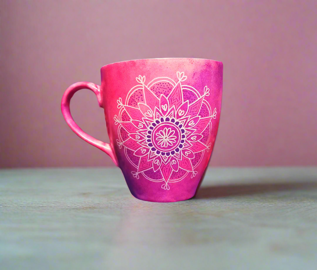 A Pink hand painted mug with a mandala drawn in white and colored in purple and pink