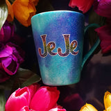 A Blue galaxy hand painted mug with the name 