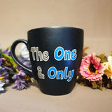 A Shimmery blue hand painted mug with the words 