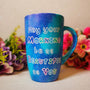 A Blue Galaxy Hand painted mug with the words "May your morning be as beautiful as you"