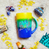 A gradient Hand Painted mug (from the top yellow, green,blue) with the words Live Laugh Love