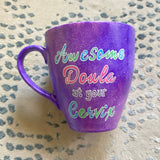 A Purple Galaxy hand painted mug with the words 