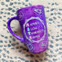 A Purple Galaxy Hand painted mug with the words "Mistakes Allow Thinking to happen" and math icons scattered all over 