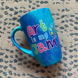 A Blue Galaxy Hand painted mug with the words 