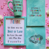 A Gift Set of  a mug, notebook frame and card all hand painted in mint. The mug and notebook with quote 