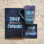 A Gift Set made of matching Black Galaxy Mug notebook & coasters all with the words "Keep moving forward" in blue and grey