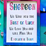 A Gradient hand painted wooden frame (Pink-green-blue) with the following words written inside 