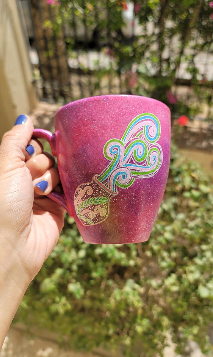 A Hand-painted Pink Galaxy Mug with Aquarius Sign 