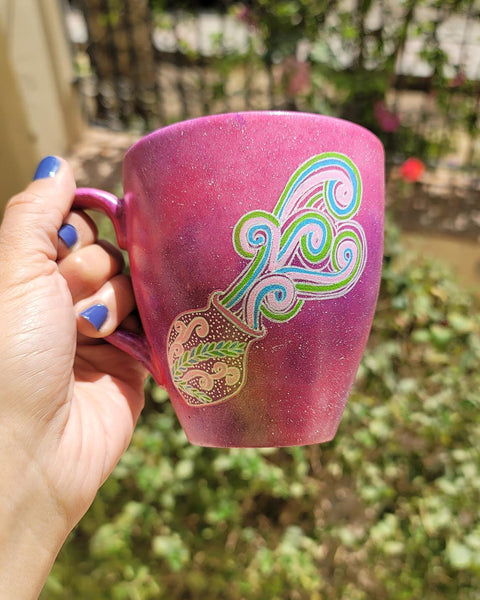 A Hand-painted Pink Galaxy Mug with Aquarius Sign 