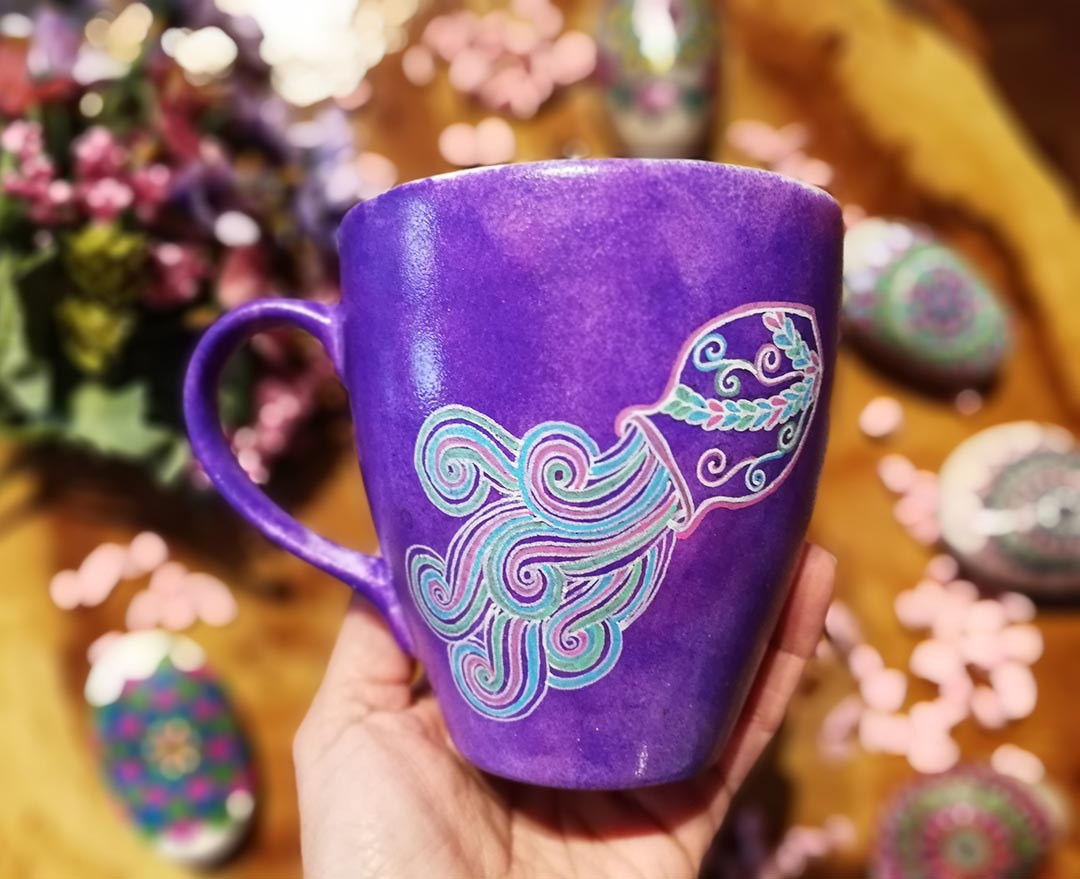 A Hand-painted Purple Galaxy Mug with Aquarius Sign 