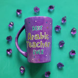 A Purple Hand painted mug with the words 