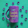 A Purple Hand painted mug with the words " best Arabic teacher Ever" with turquoise gold and white dots scattered all over