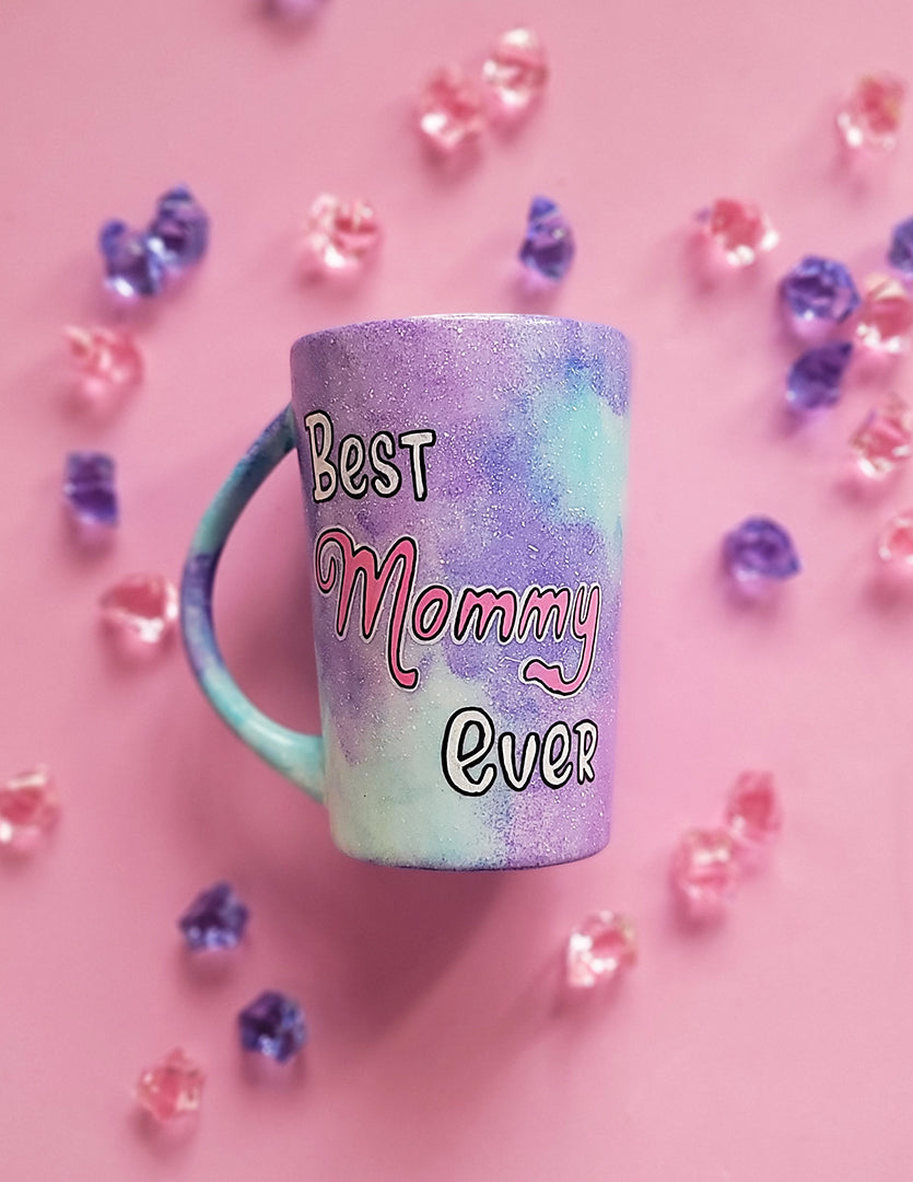 A Pale Blue hand painted mug with the words "Best Mommy Ever'