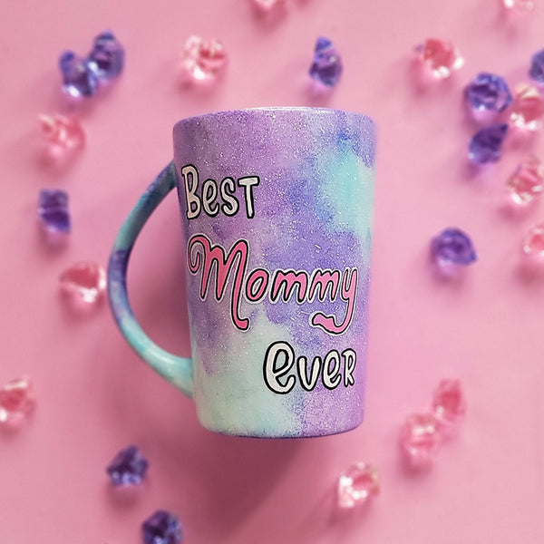 A Pale Blue hand painted mug with the words "Best Mommy Ever'