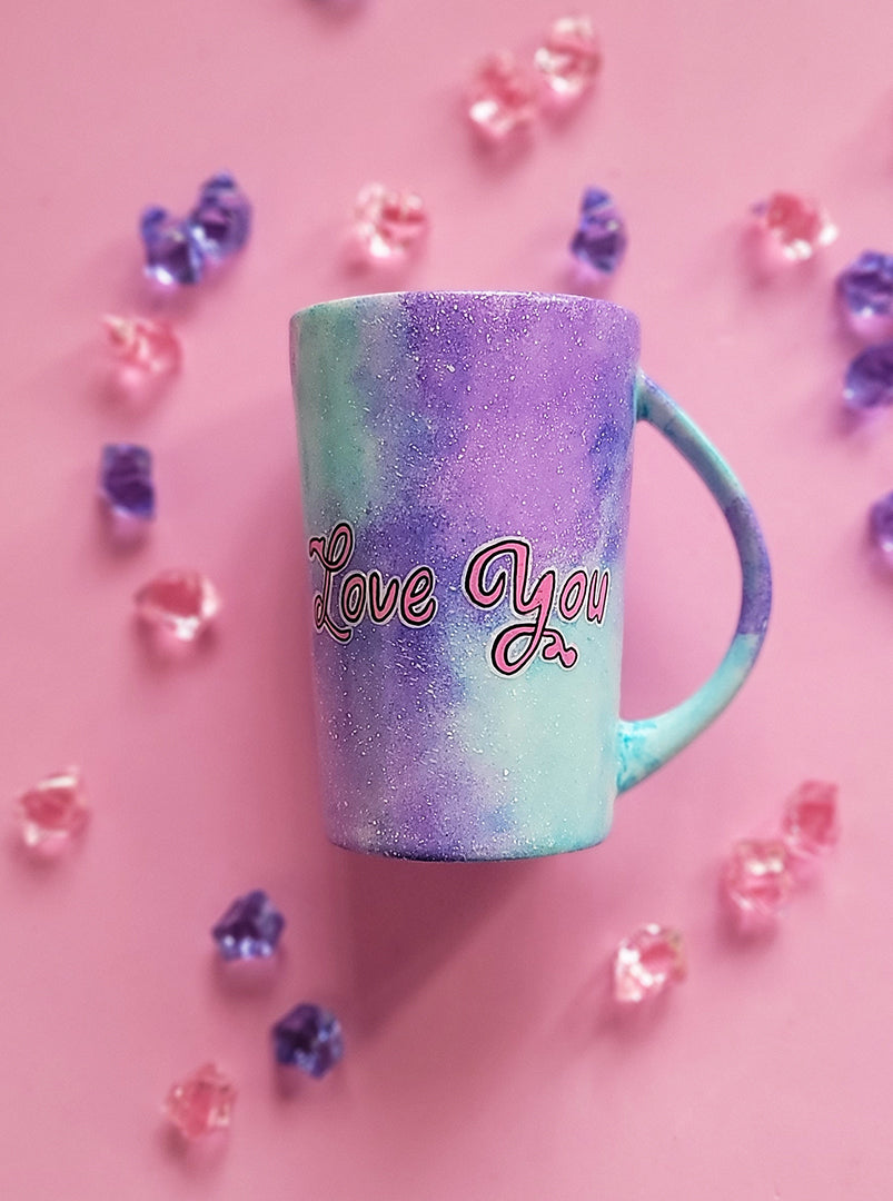 A Pale Blue hand painted mug with the words "love you'