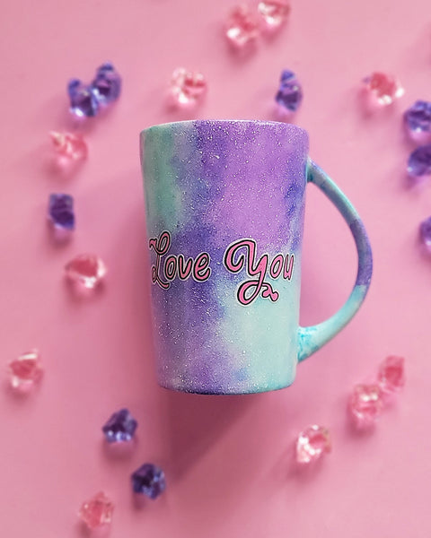 A Pale Blue hand painted mug with the words "love you'