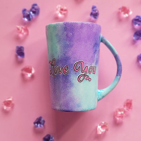 A Pale Blue hand painted mug with the words "love you'