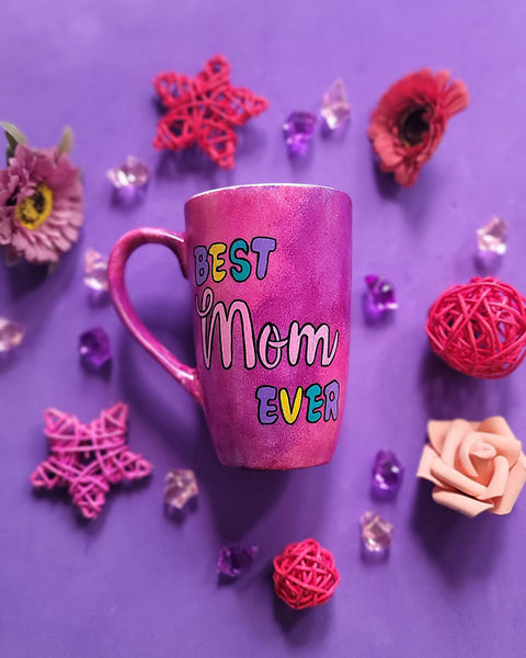 An indian pink hand painted mug with the words Best mom ever