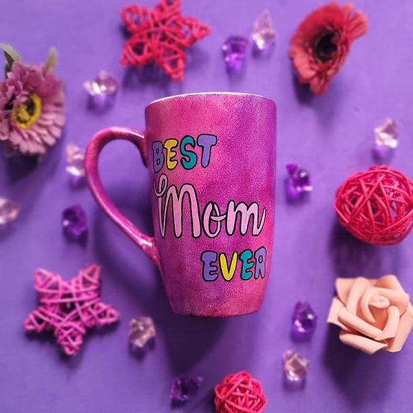 An indian pink hand painted mug with the words Best mom ever