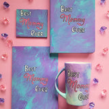 A Hand Painted Gif Set made of a mug, notebook, coaster and card all in pale blue color and having the words 