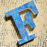 A Blue Galaxy hand painted letter F with doodles in white