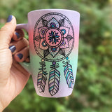 A gradient Hand Painted mug (Lilac, pink mint lilac) with a dreamcatcher in black and colored in purple baby pink and teal