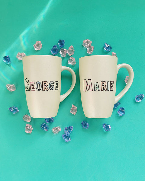 2 ivory hand painted mug with the names george and marie