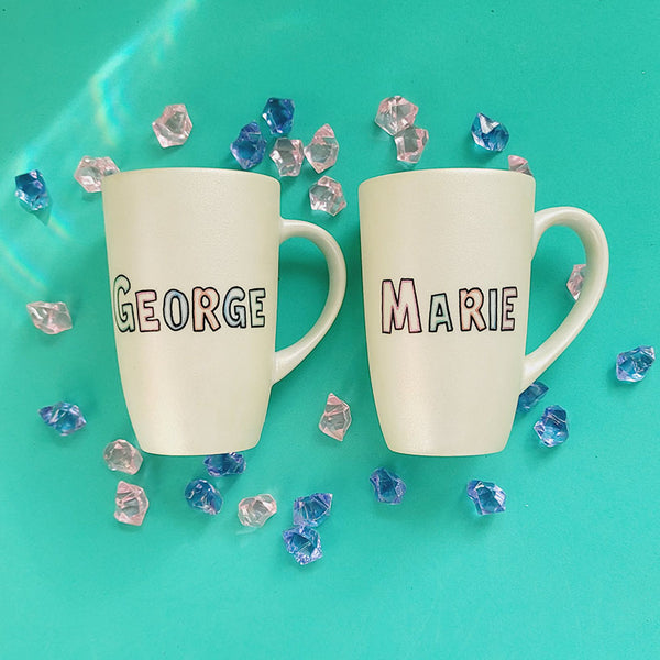 2 ivory hand painted mug with the names george and marie