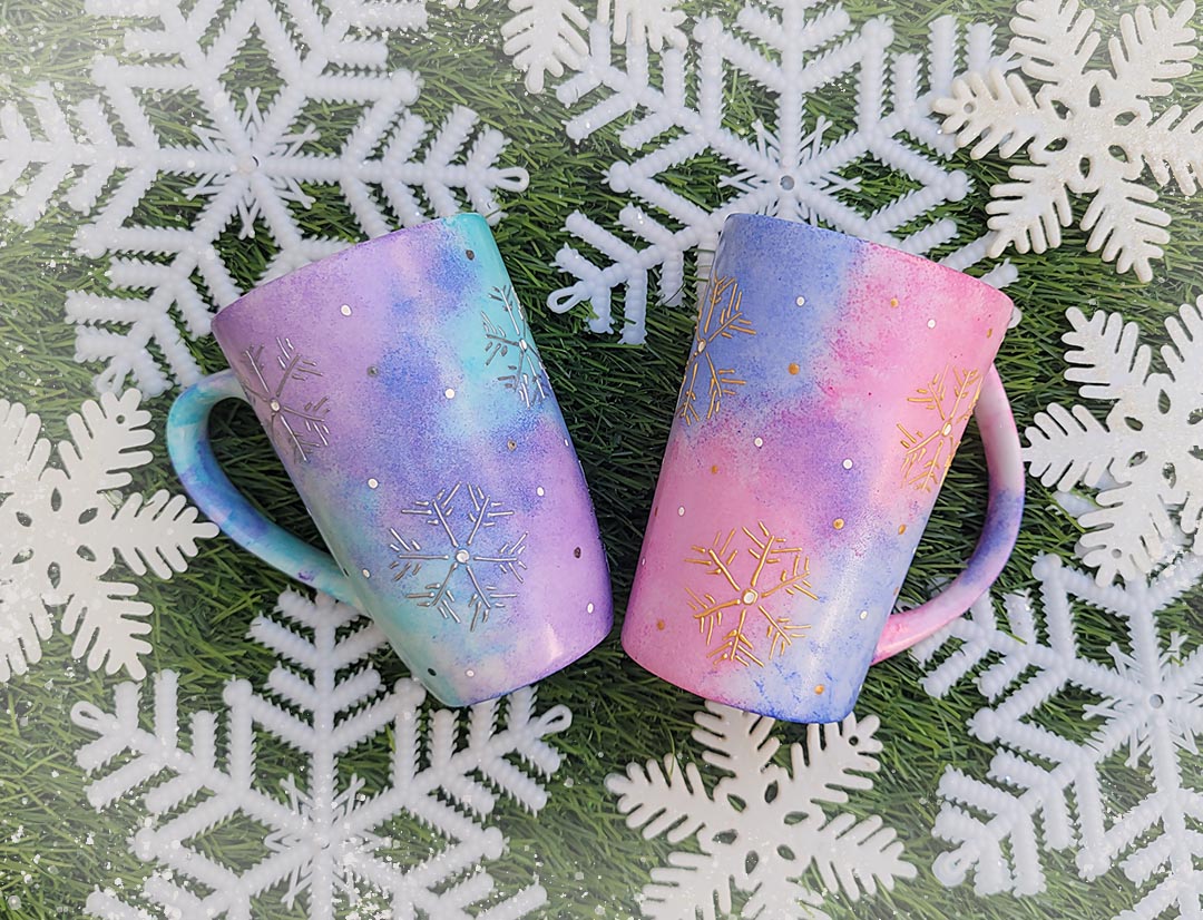 Pink and Blue Snowflake Couple Mugs