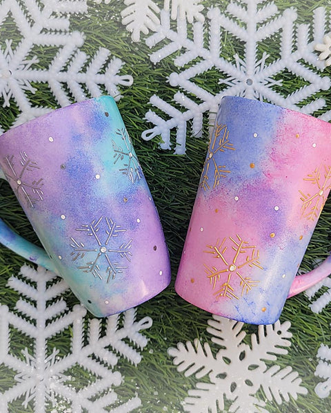 Pink and Blue Snowflake Couple Mugs