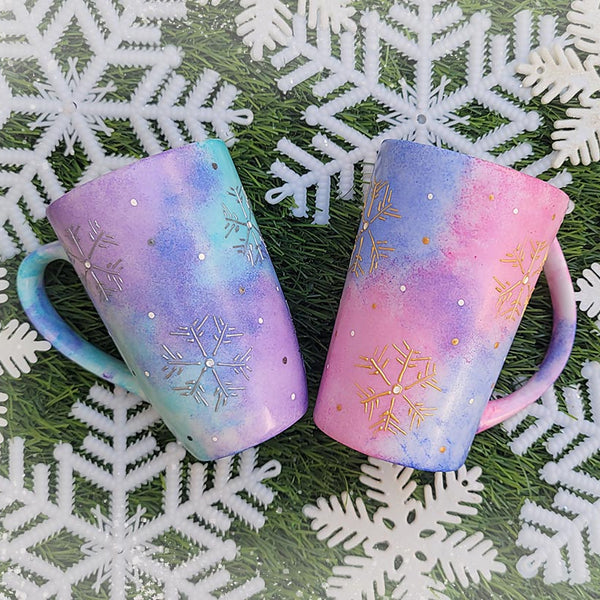 Pink and Blue Snowflake Couple Mugs