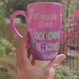 A Pink Galaxy hand painted mug with the words 