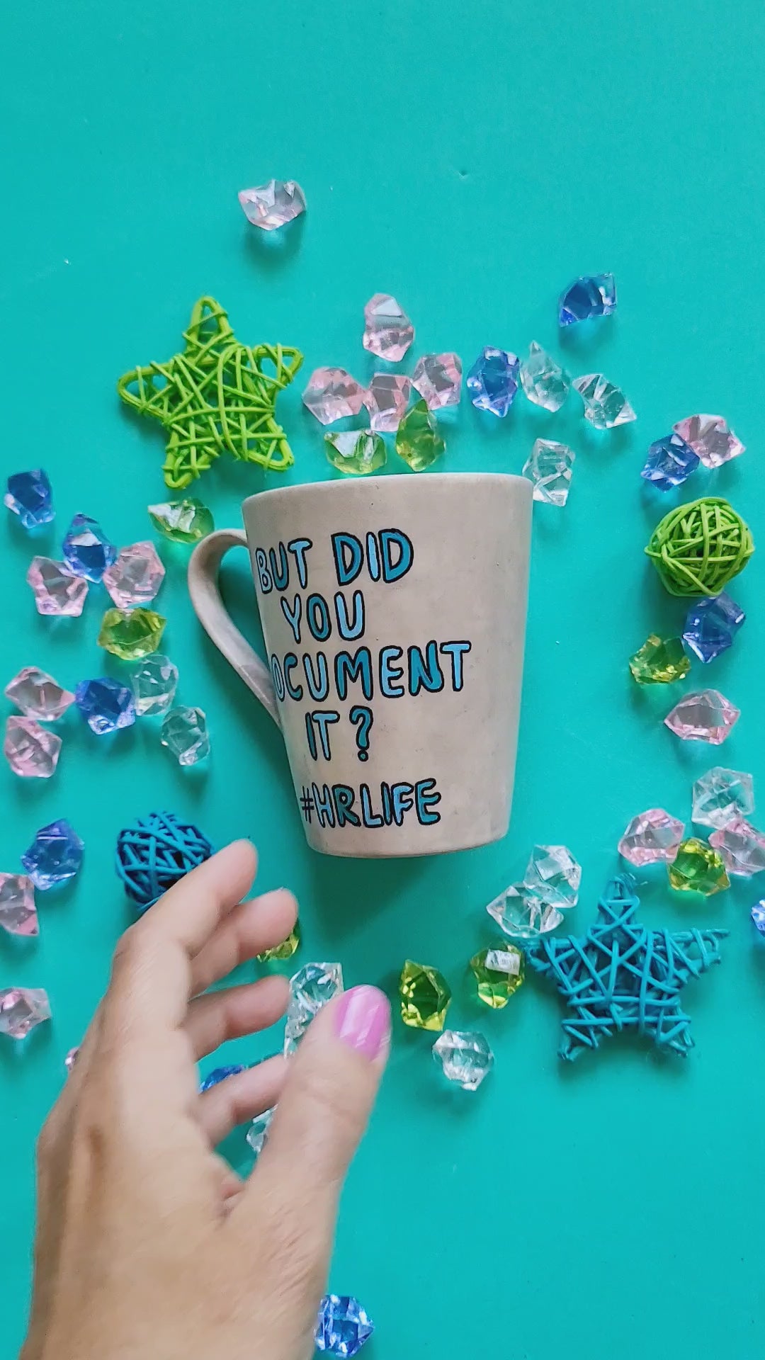 A Taupe hand painted mug with the words "But Did you document it" HR life and the name "Momen" on the other side